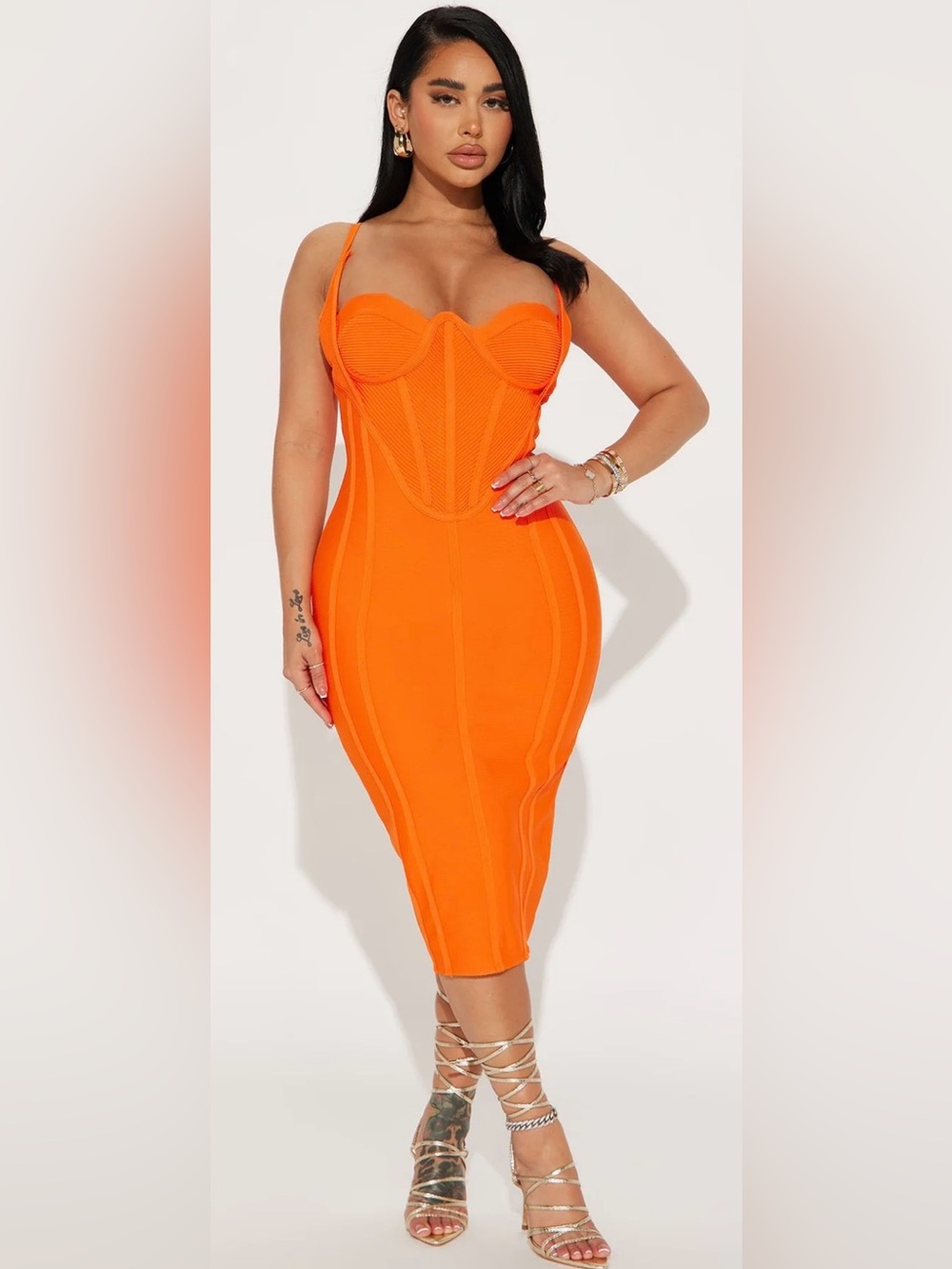 Fashion Nova Neon Orange Corset Midi Dress